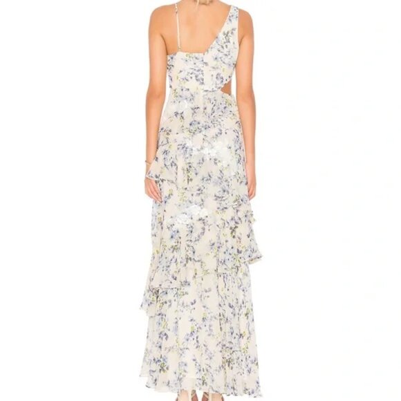 BCBG MAXAZRIA Asymmetrical Ruffle Gown in Blue Floral NWOT Size 2 - Picture 3 of 14